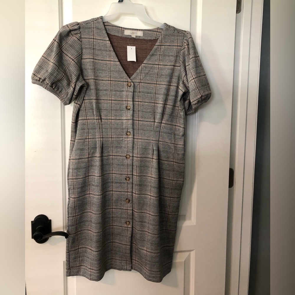 LOFT Plaid Button-Front Gray Dress